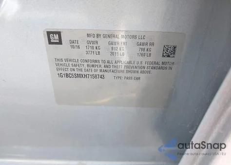 2017 Chevrolet Cruze Ls Auto из США, поврежденный, VIN 1G1BC5SMXH7158743